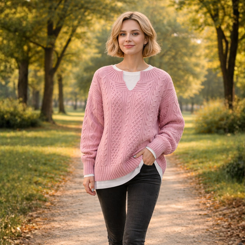 Women's oversized v-neck thick cable sweater Fashion Grand