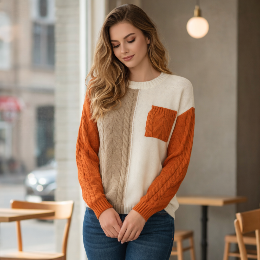 Cute Patchwork Cable Knit Casual Sweater for Women Fashion Grand