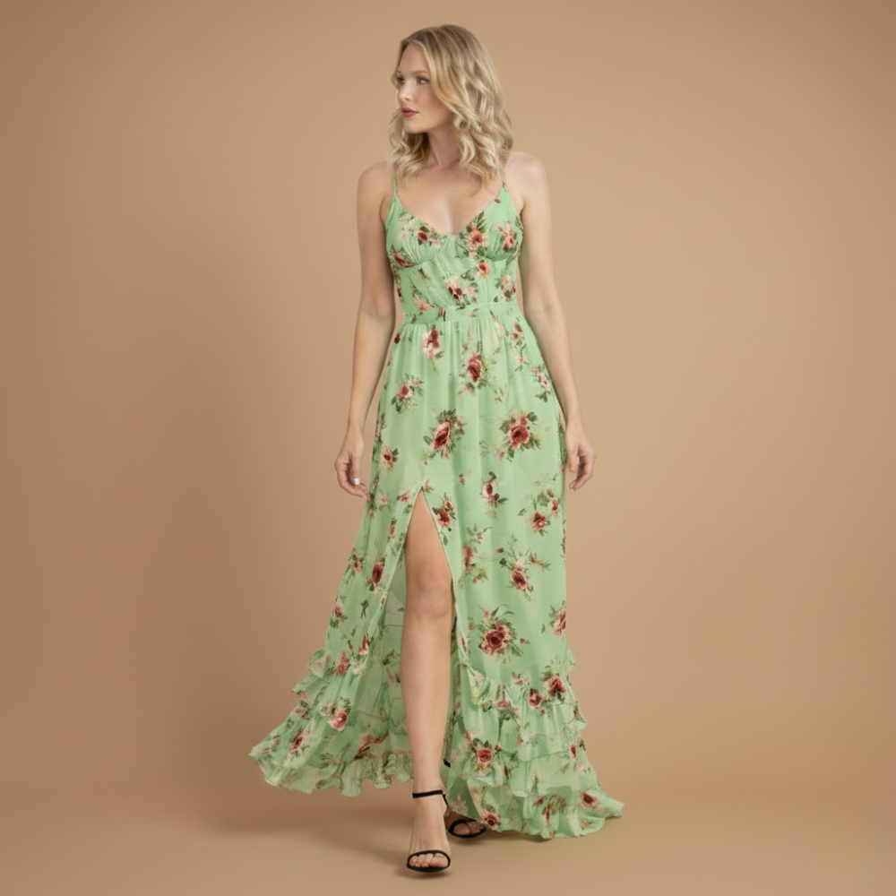 Women’s floral lace trim sleeveless  maxi dress Fashion Grand