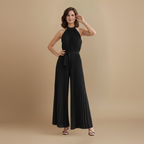 Women’s pleated high neck jumpsuit with belt and flowing fit Fashion Grand