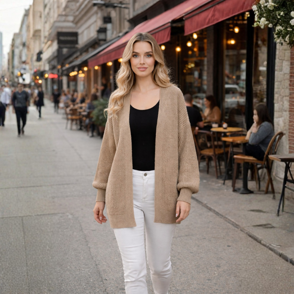 Women's chunky knit balloon sleeve open cardigan Fashion Grand