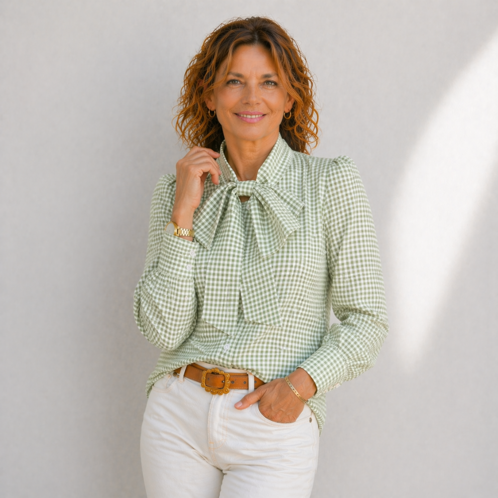 Women’s casual bow tie plaid loose fit blouse Fashion Grand