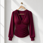 Women’s ruched v-neck long sleeve fitted top Fashion Grand