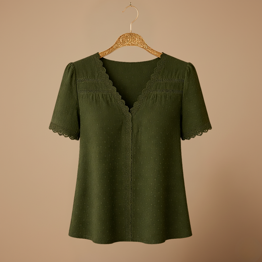 Women's summer lace trim v-neck blouse Fashion Grand