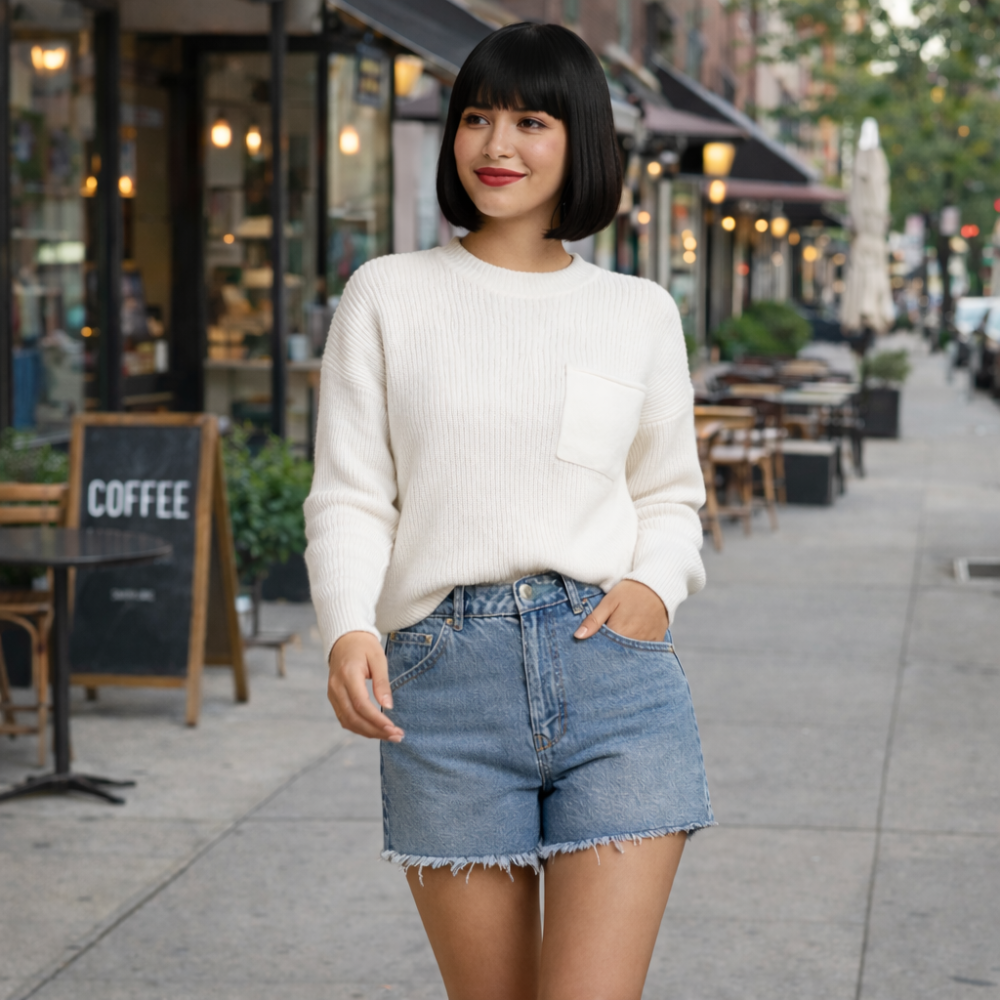 Crew Neck Knitted Sweater with Chest Pocket for Women Fashion Grand