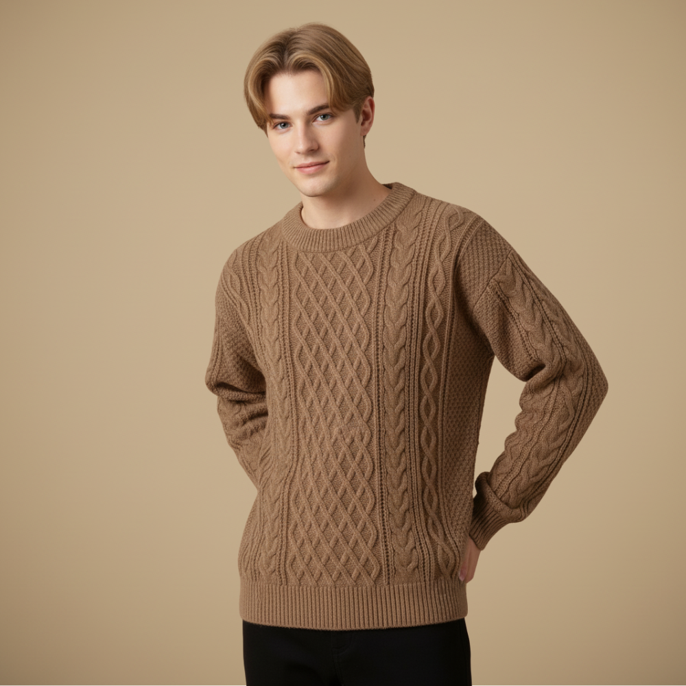 Men Relaxed Cable Knit Round Neck Sweater Fashion Grand