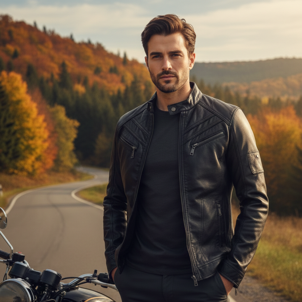 Slim Fit Zip-Up Motorcycle Jacket for Men Fashion Grand