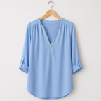 Women’s zipped v-neck loose fit casual blouse Fashion Grand