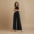 Women’s pleated high neck jumpsuit with belt and flowing fit Fashion Grand