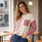 Cute Patchwork Cable Knit Casual Sweater for Women Fashion Grand