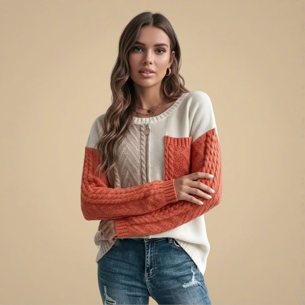 Cute Patchwork Cable Knit Casual Sweater for Women Fashion Grand