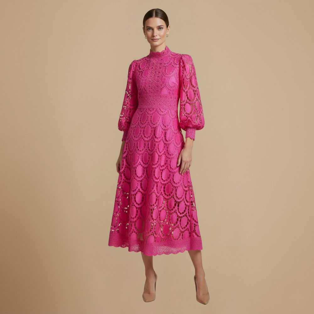 Elegant Lace Maxi Dress with Puff Sleeves Fashion Grand