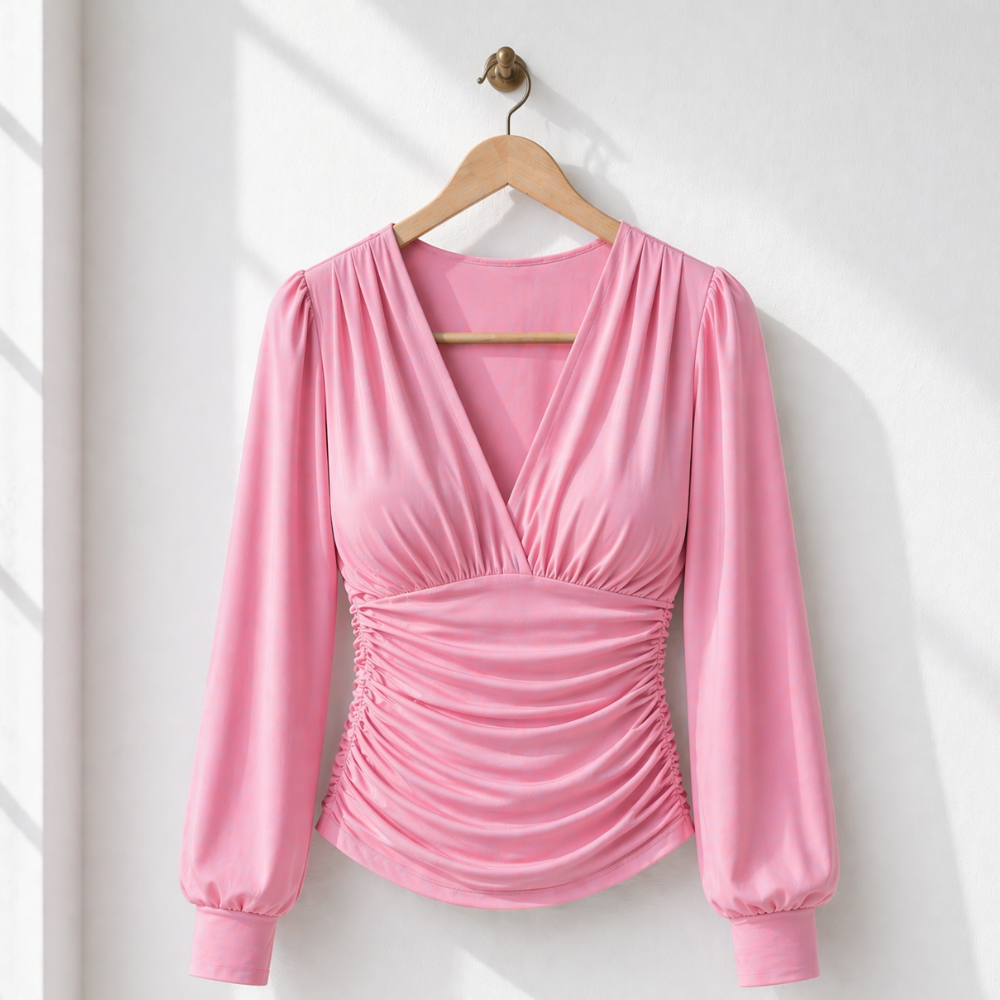 Women’s ruched v-neck long sleeve fitted top Fashion Grand