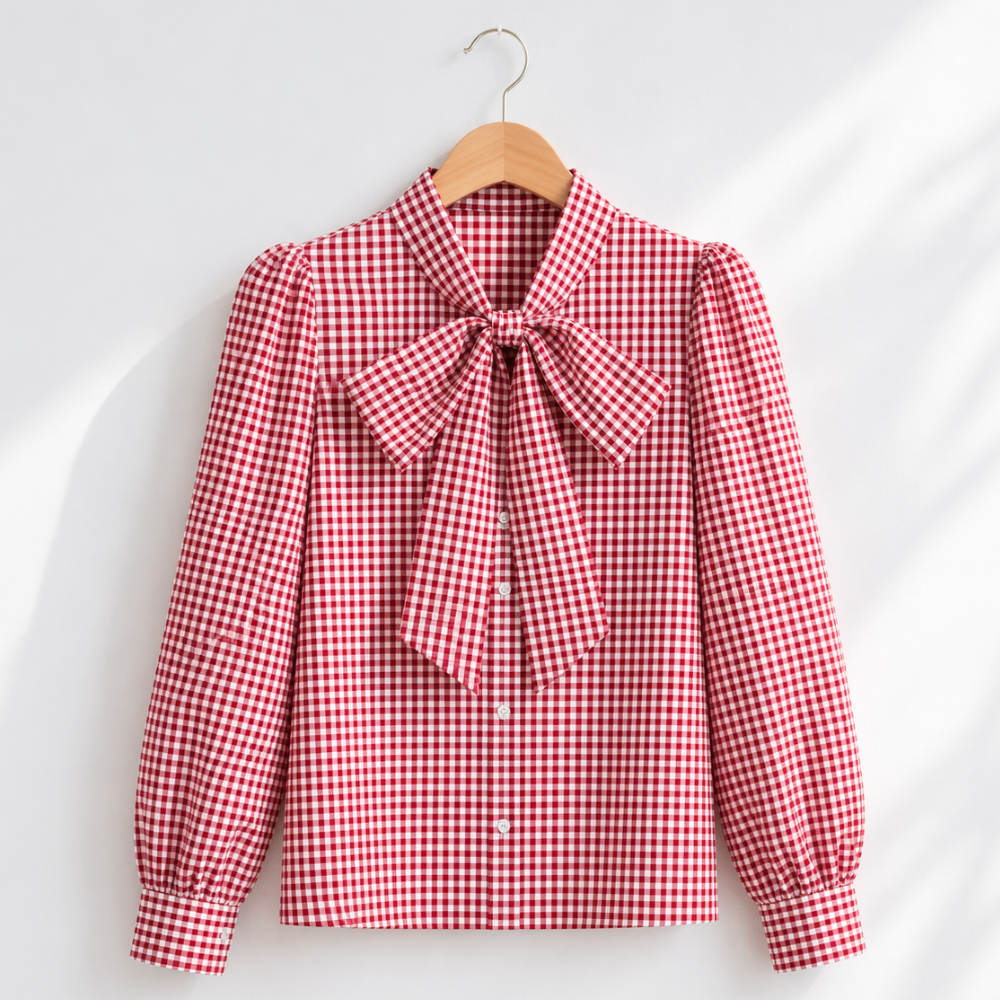 Women’s casual bow tie plaid loose fit blouse Fashion Grand