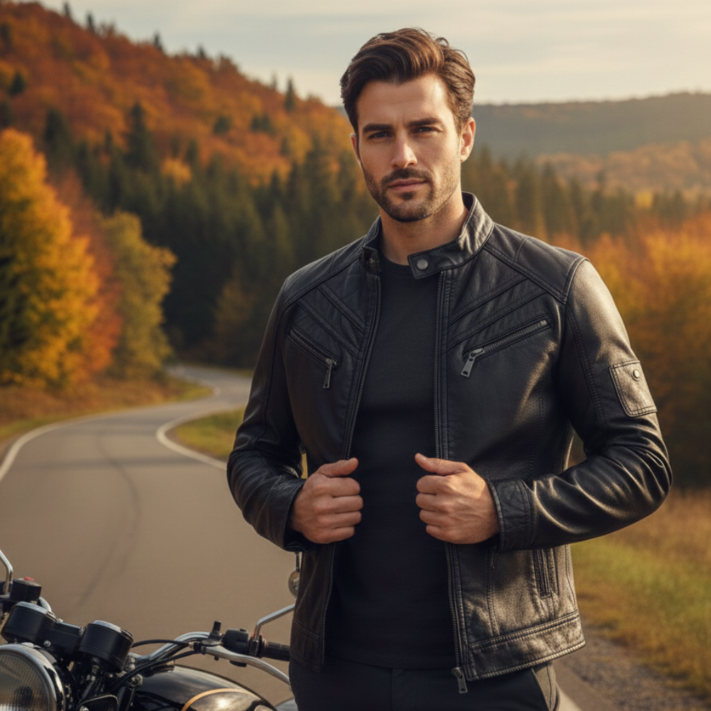Slim Fit Zip-Up Motorcycle Jacket for Men Fashion Grand