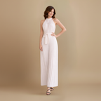 Women’s pleated high neck jumpsuit with belt and flowing fit Fashion Grand