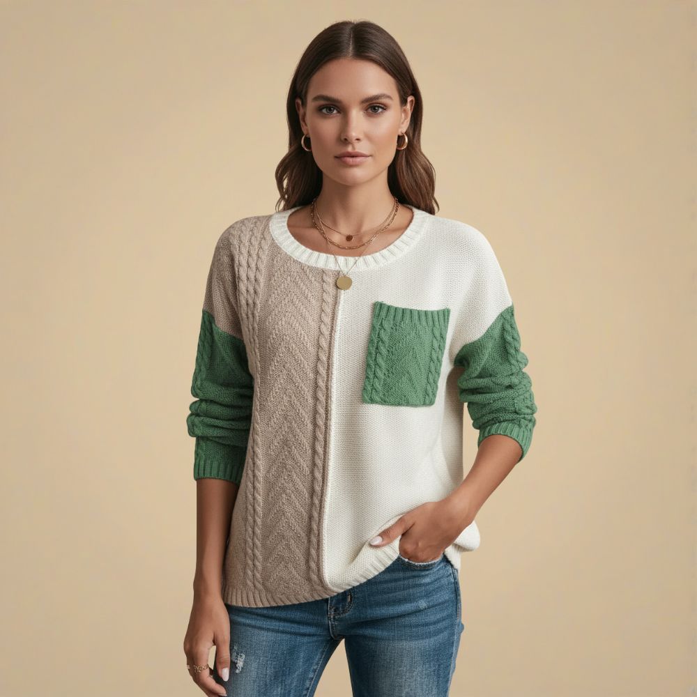 Cute Patchwork Cable Knit Casual Sweater for Women Fashion Grand