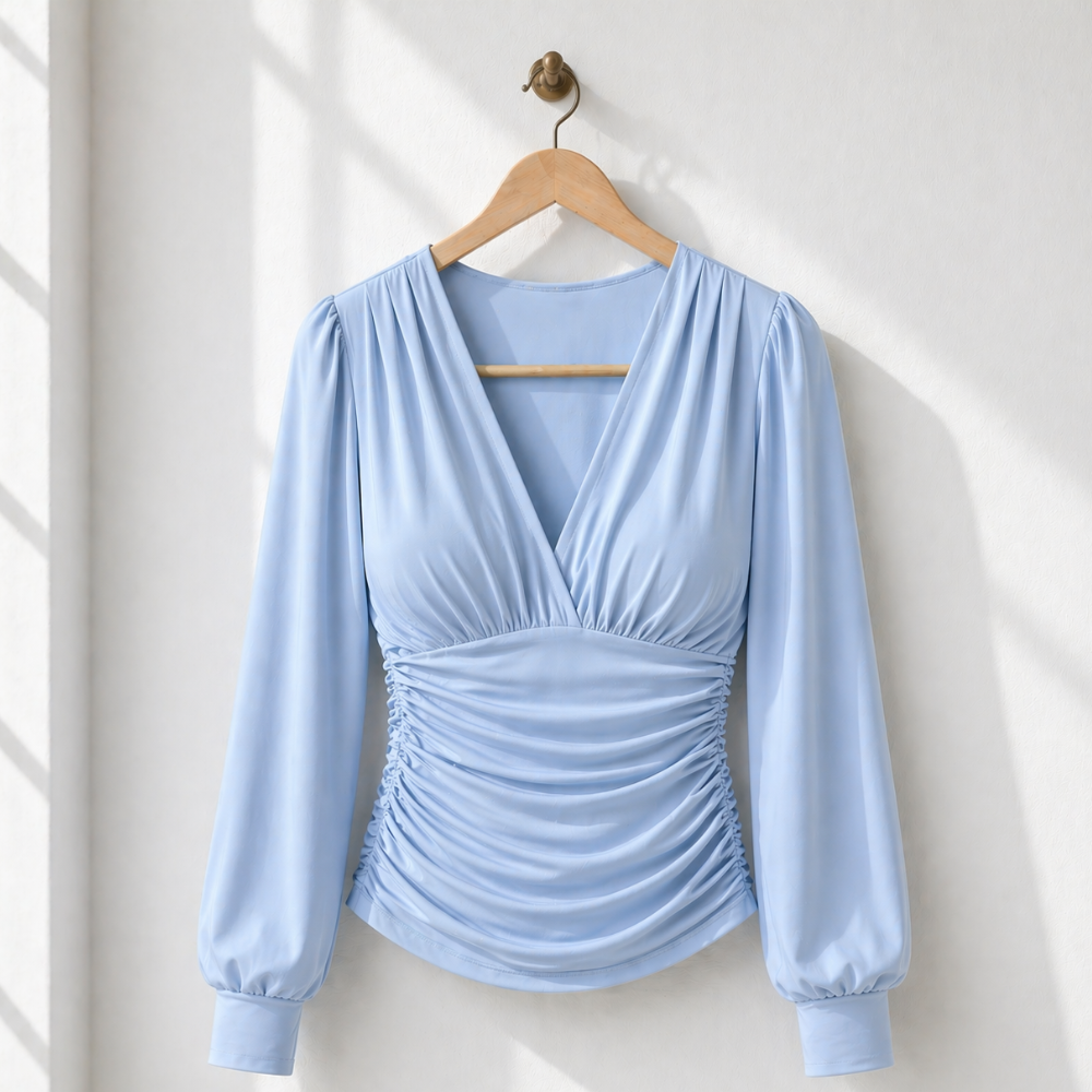 Women’s ruched v-neck long sleeve fitted top Fashion Grand