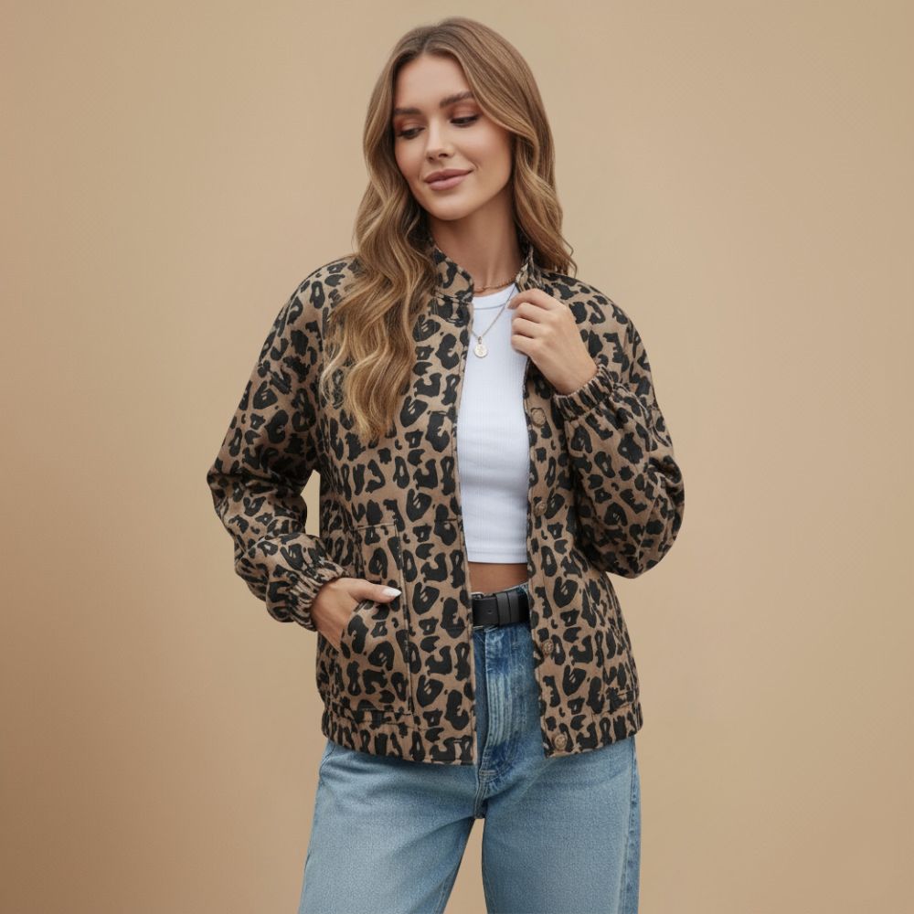 Leopard Print Stand Collar Outerwear Jacket Fashion Grand