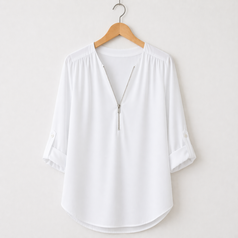 Women’s zipped v-neck loose fit casual blouse Fashion Grand