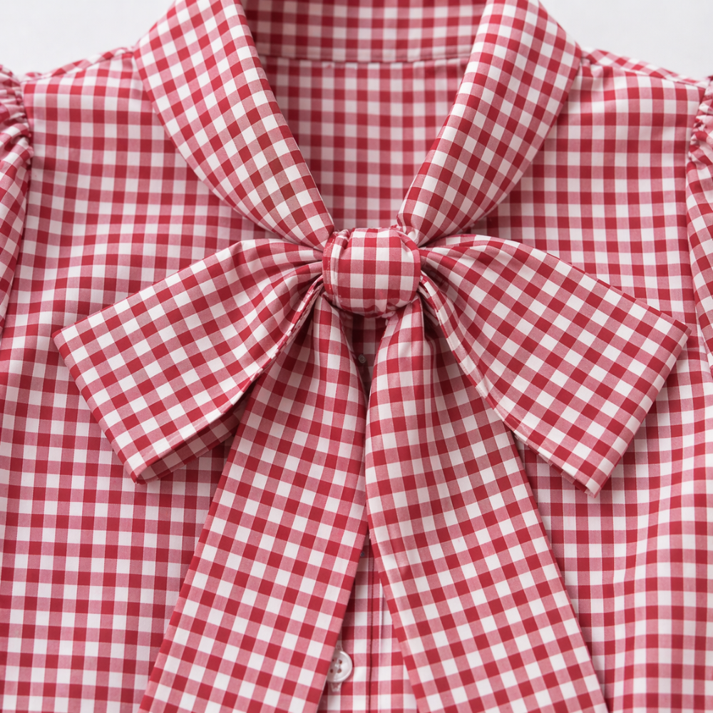 Women’s casual bow tie plaid loose fit blouse Fashion Grand