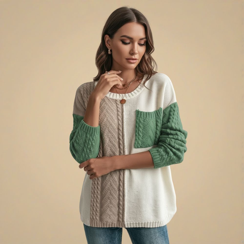 Cute Patchwork Cable Knit Casual Sweater for Women Fashion Grand