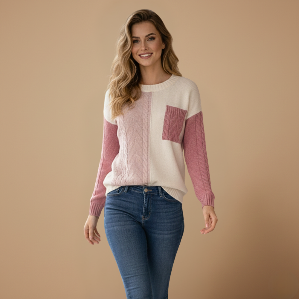 Cute Patchwork Cable Knit Casual Sweater for Women Fashion Grand