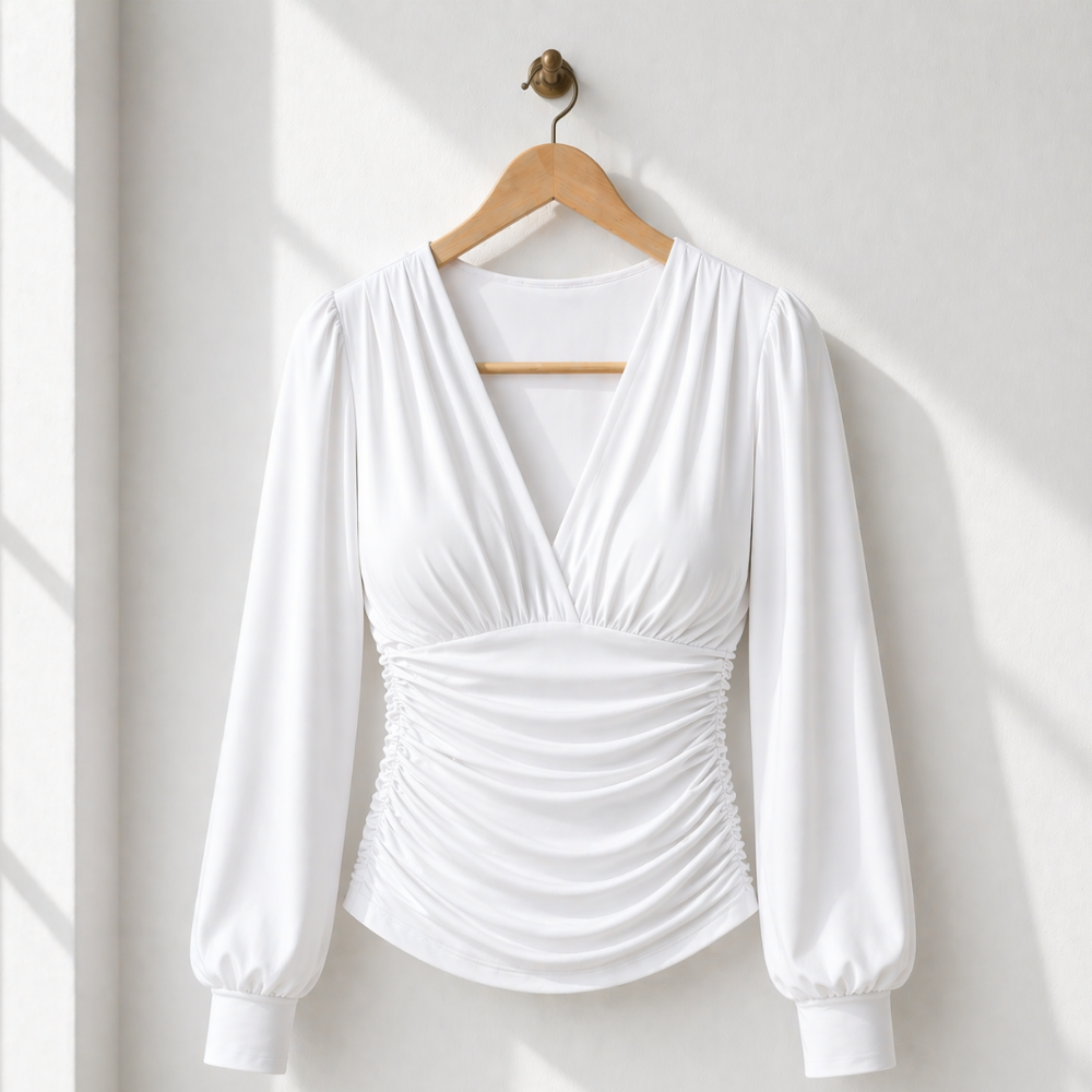Women’s ruched v-neck long sleeve fitted top Fashion Grand