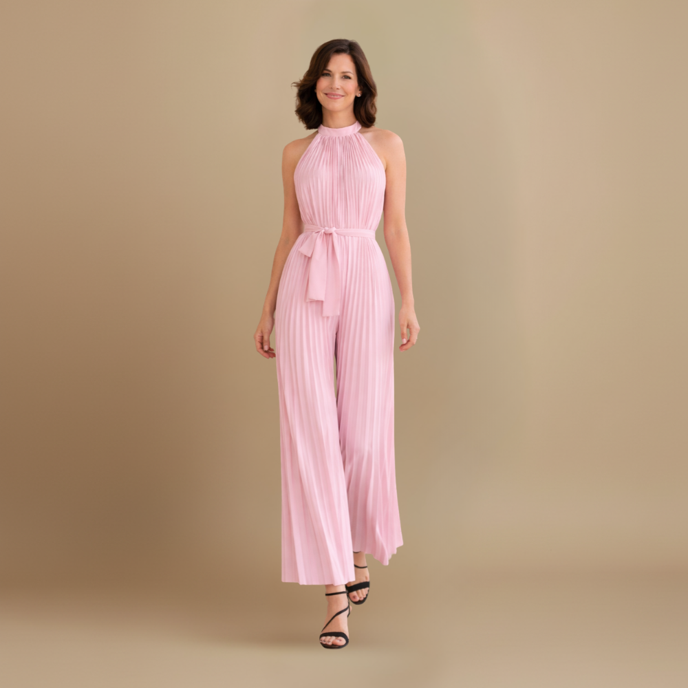 Women’s pleated high neck jumpsuit with belt and flowing fit Fashion Grand