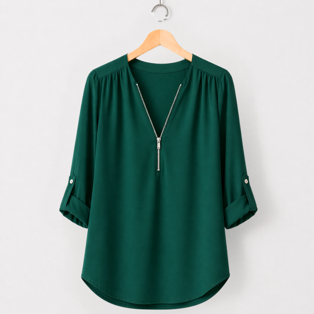 Women’s zipped v-neck loose fit casual blouse Fashion Grand