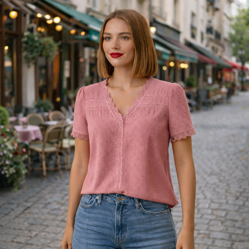 Women's summer lace trim v-neck blouse Fashion Grand