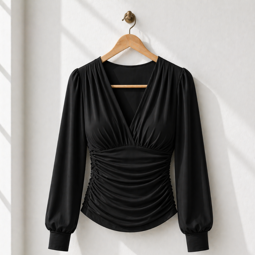Women’s ruched v-neck long sleeve fitted top Fashion Grand