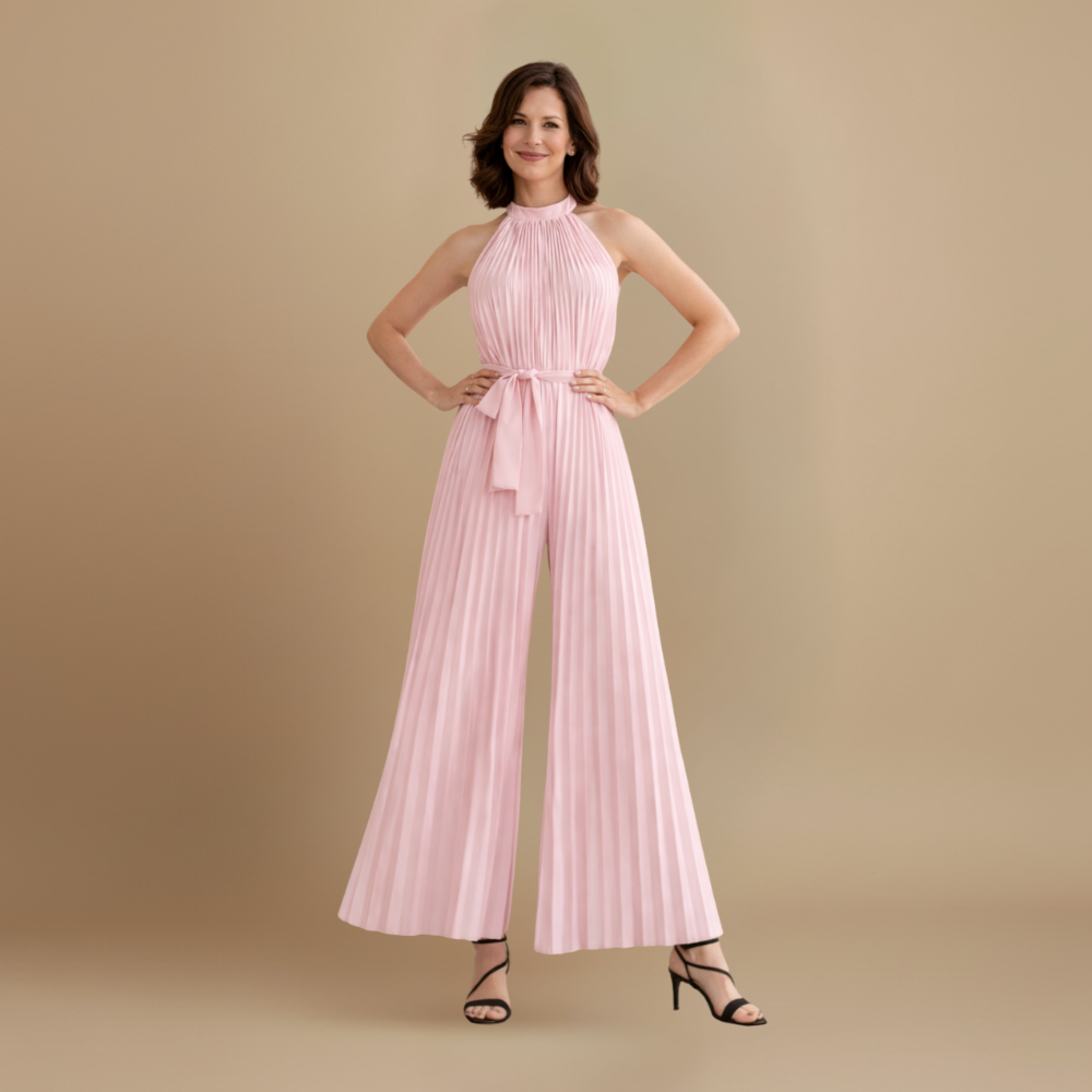 Women’s pleated high neck jumpsuit with belt and flowing fit Fashion Grand