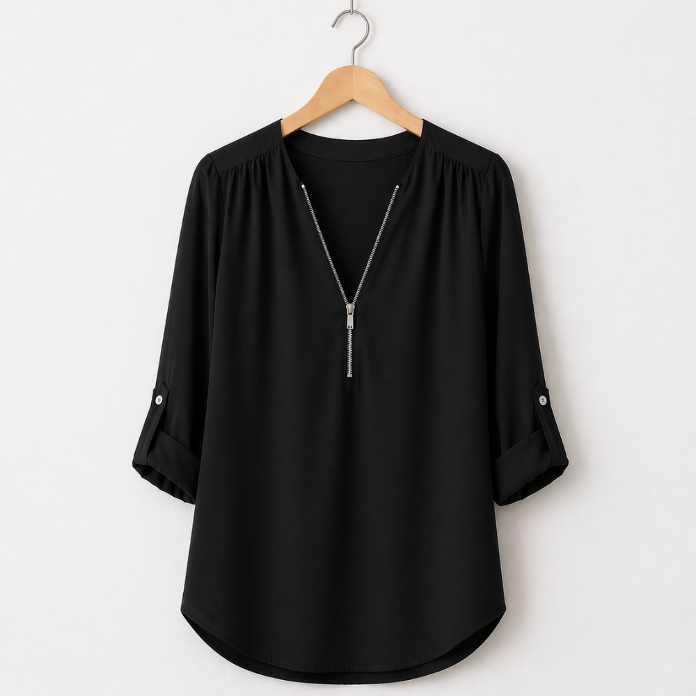 Women’s zipped v-neck loose fit casual blouse Fashion Grand