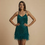 Women's Sequin Tassel Mini Dress Feather Accent Fashion Grand