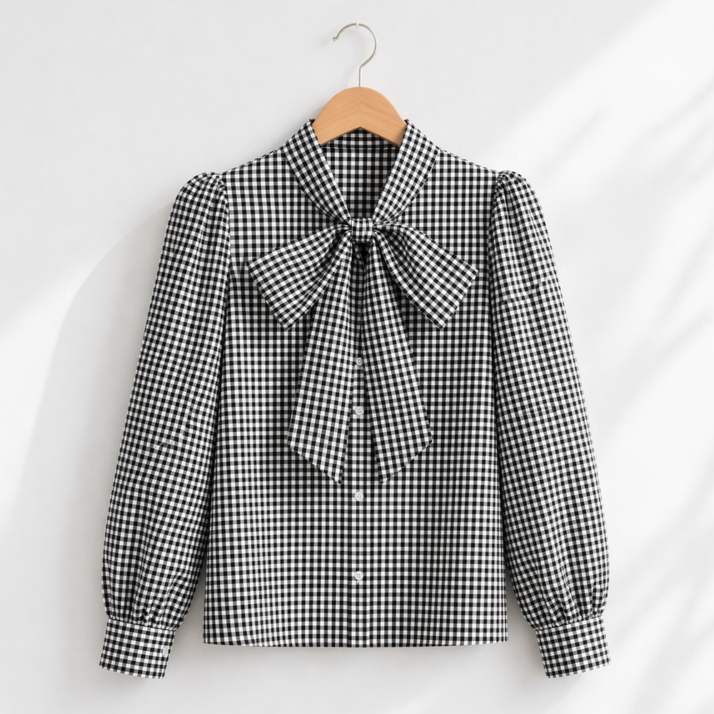 Women’s casual bow tie plaid loose fit blouse Fashion Grand