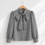 Women’s casual bow tie plaid loose fit blouse Fashion Grand