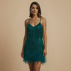 Women's Sequin Tassel Mini Dress Feather Accent Fashion Grand