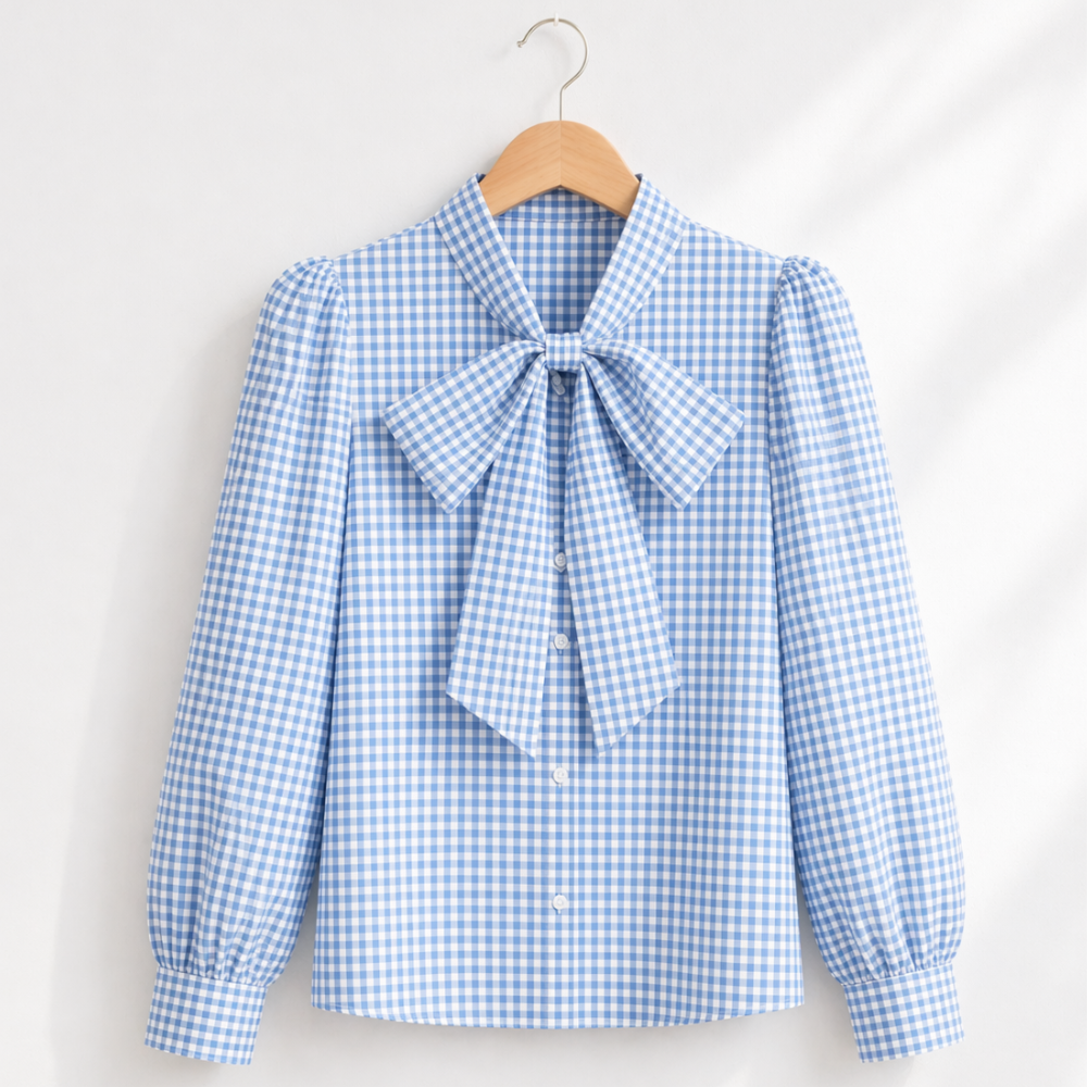 Women’s casual bow tie plaid loose fit blouse Fashion Grand