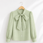 Women’s casual bow tie plaid loose fit blouse Fashion Grand