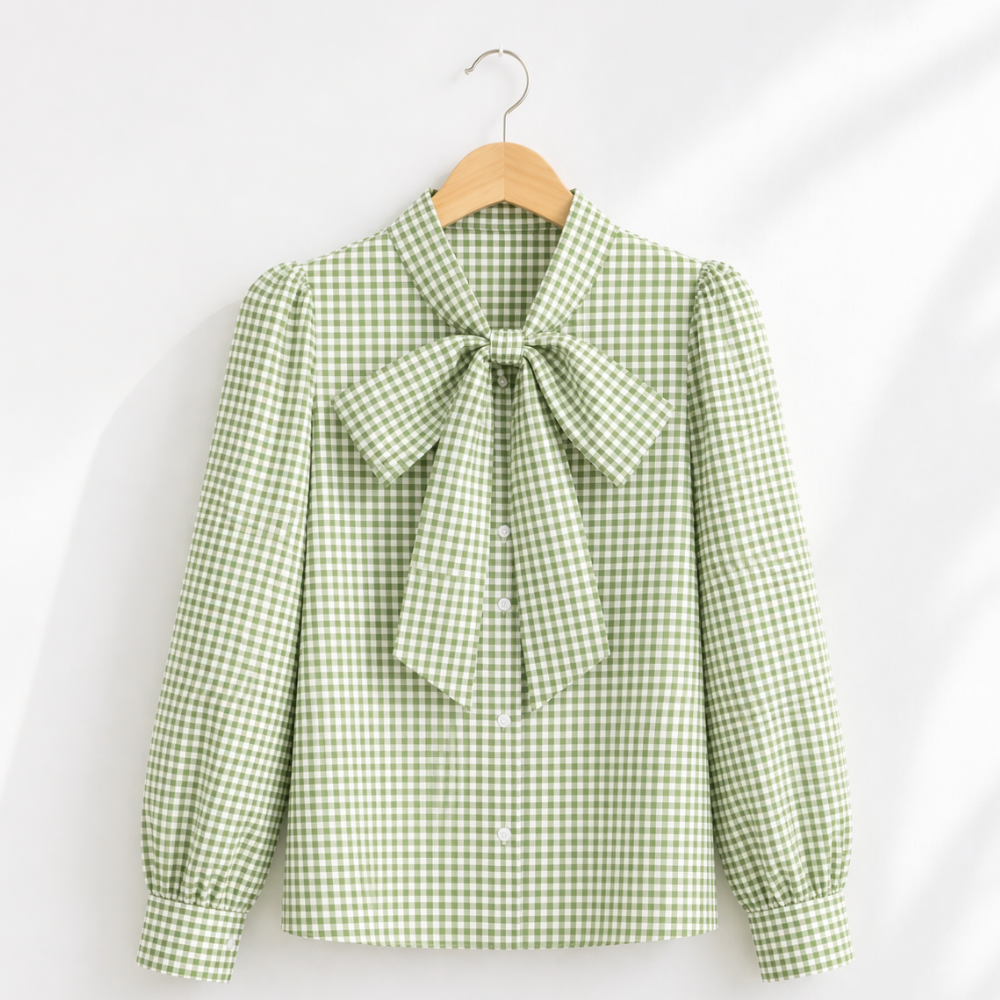 Women’s casual bow tie plaid loose fit blouse Fashion Grand