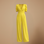 Women's puff sleeve v-neck wide jumpsuit Fashion Grand