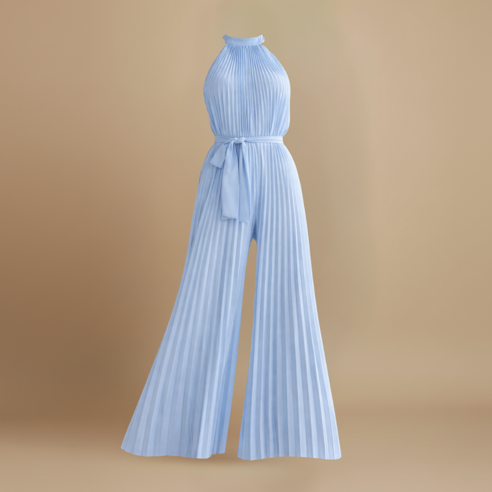 Women’s pleated high neck jumpsuit with belt and flowing fit Fashion Grand