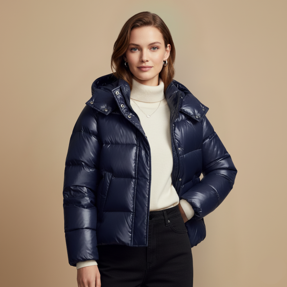 Black puffer jacket with hood for winter warmth Fashion Grand