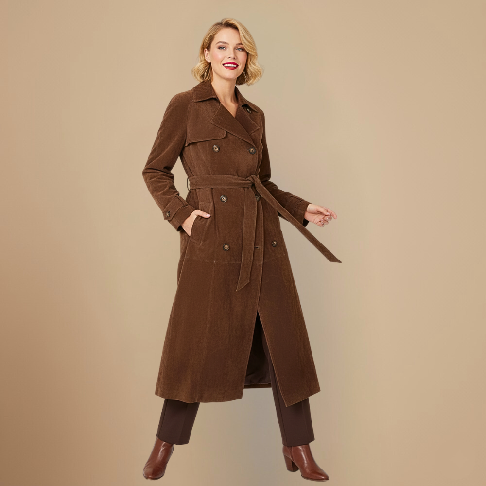 Elegant Suede Long Double Breasted Trench Fashion Grand