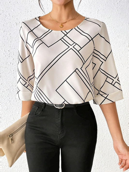 Geometric Print Sleeve Blouse Fashion Grand