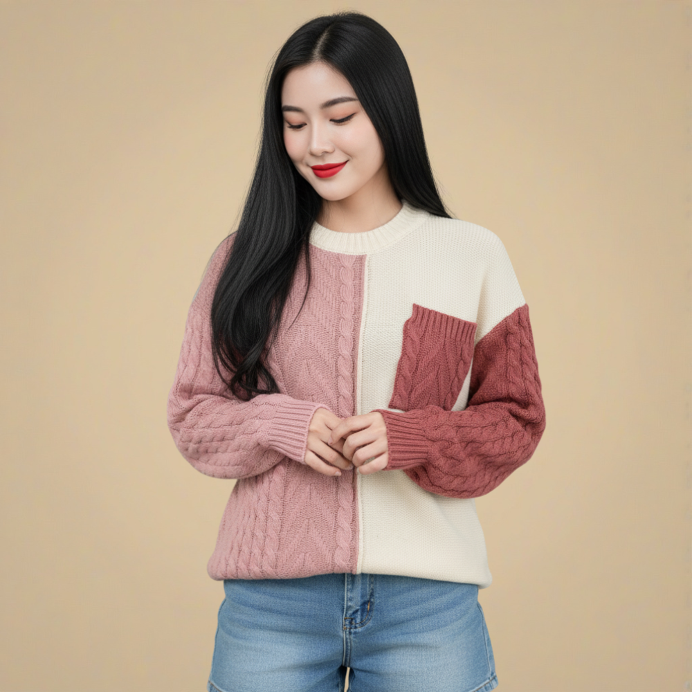 Cute Patchwork Cable Knit Casual Sweater for Women Fashion Grand
