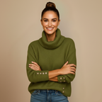 Ladies Ribbed Turtleneck Jumper Button Cuff Fashion Grand