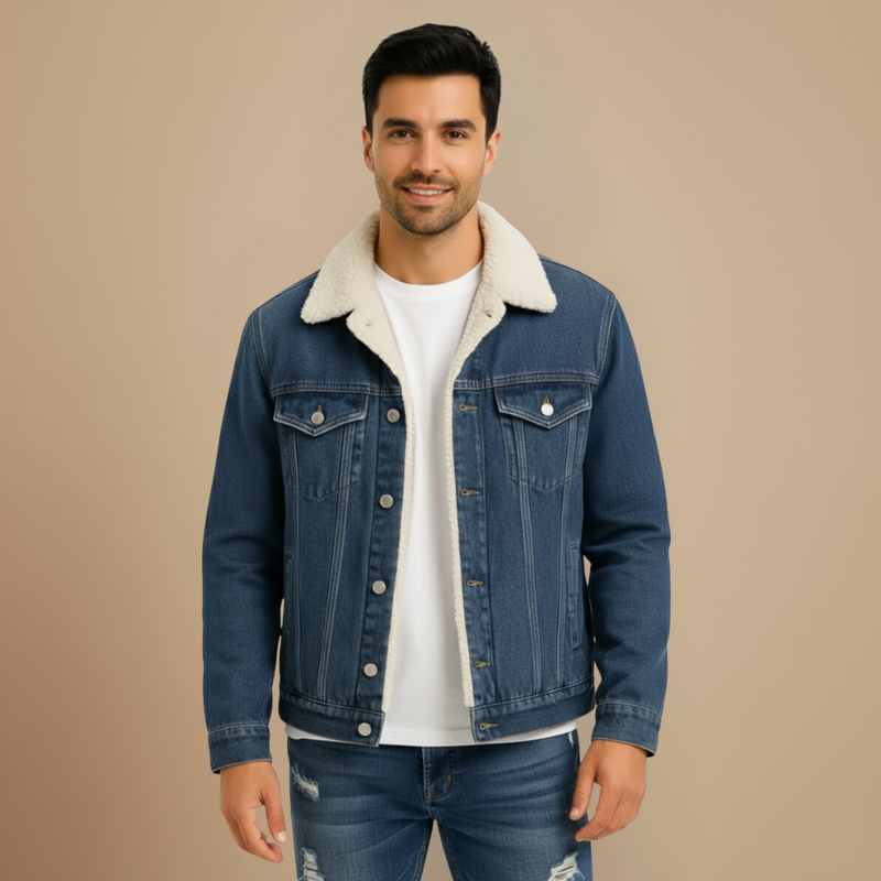 Men's Fleece Lined Warm Denim Trucker Jacket Fashion Grand