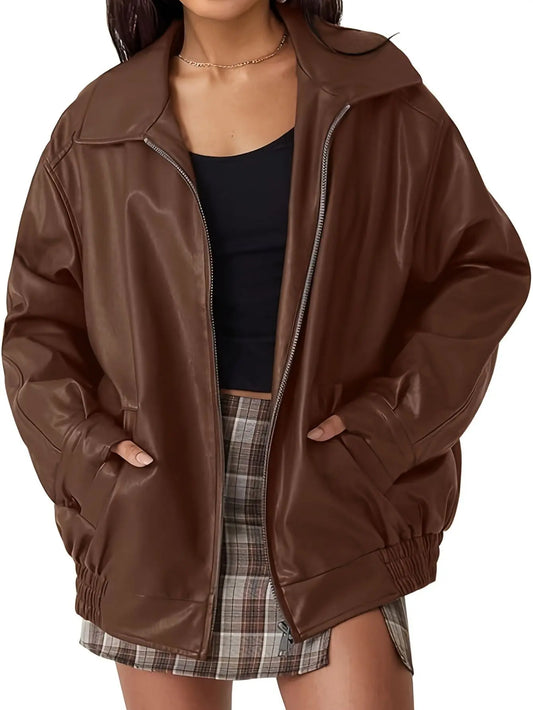 Women's Oversized Leather Zip Jacket Fashion Grand